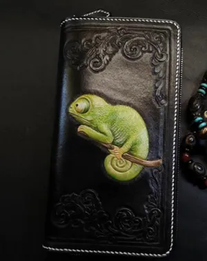 Badass Black Leather Men's Chameleon Biker Wallet Handmade Tooled Zipper Long Wallets For Men