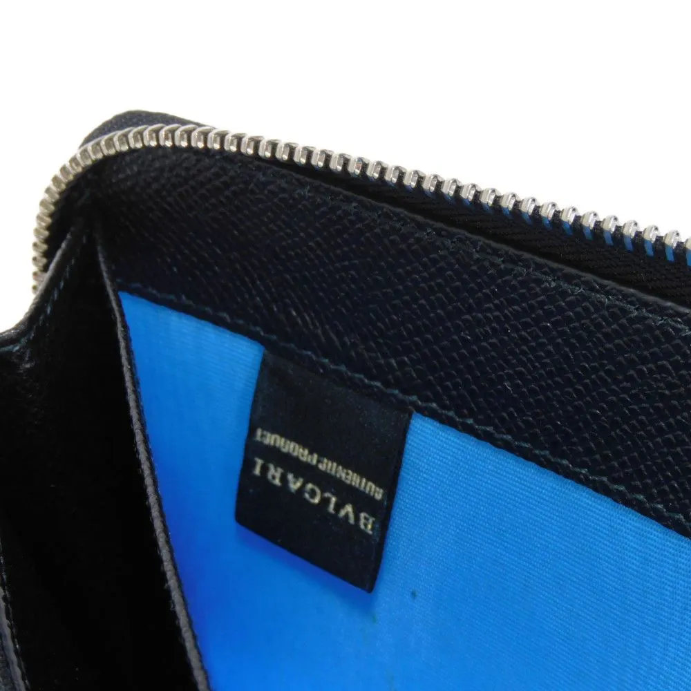 BVLGARI Long Wallet Purse 36710 Grain calf leather (embossed) black x royal blue Bulgariman Long zip wallet mens Used Authentic