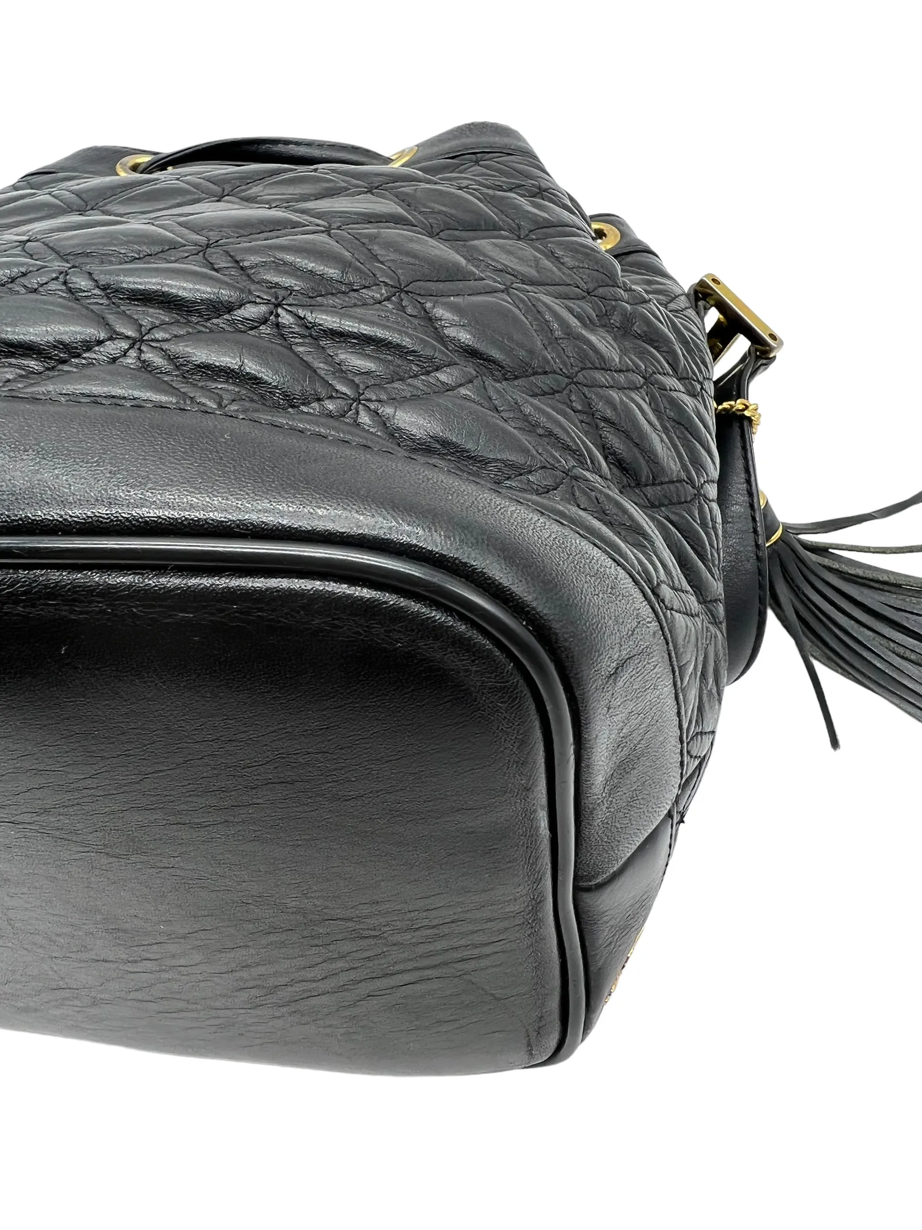 MCM Vintage Black Leather Quilted Drawstring Bucket Bag