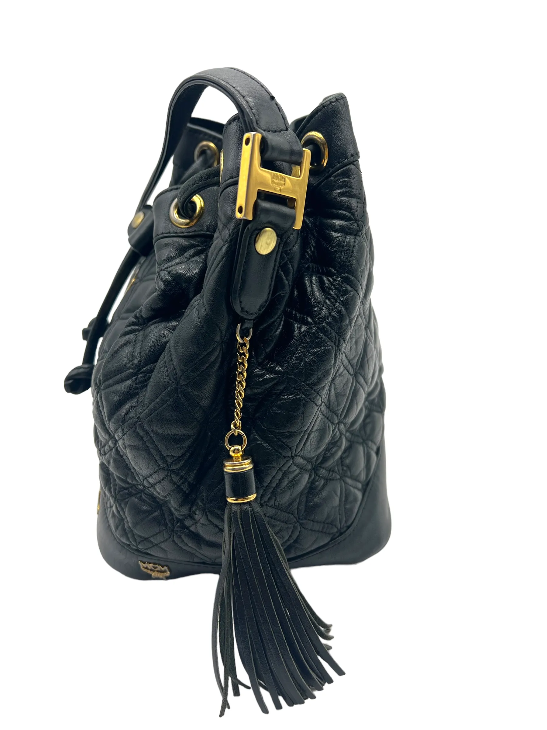 MCM Vintage Black Leather Quilted Drawstring Bucket Bag