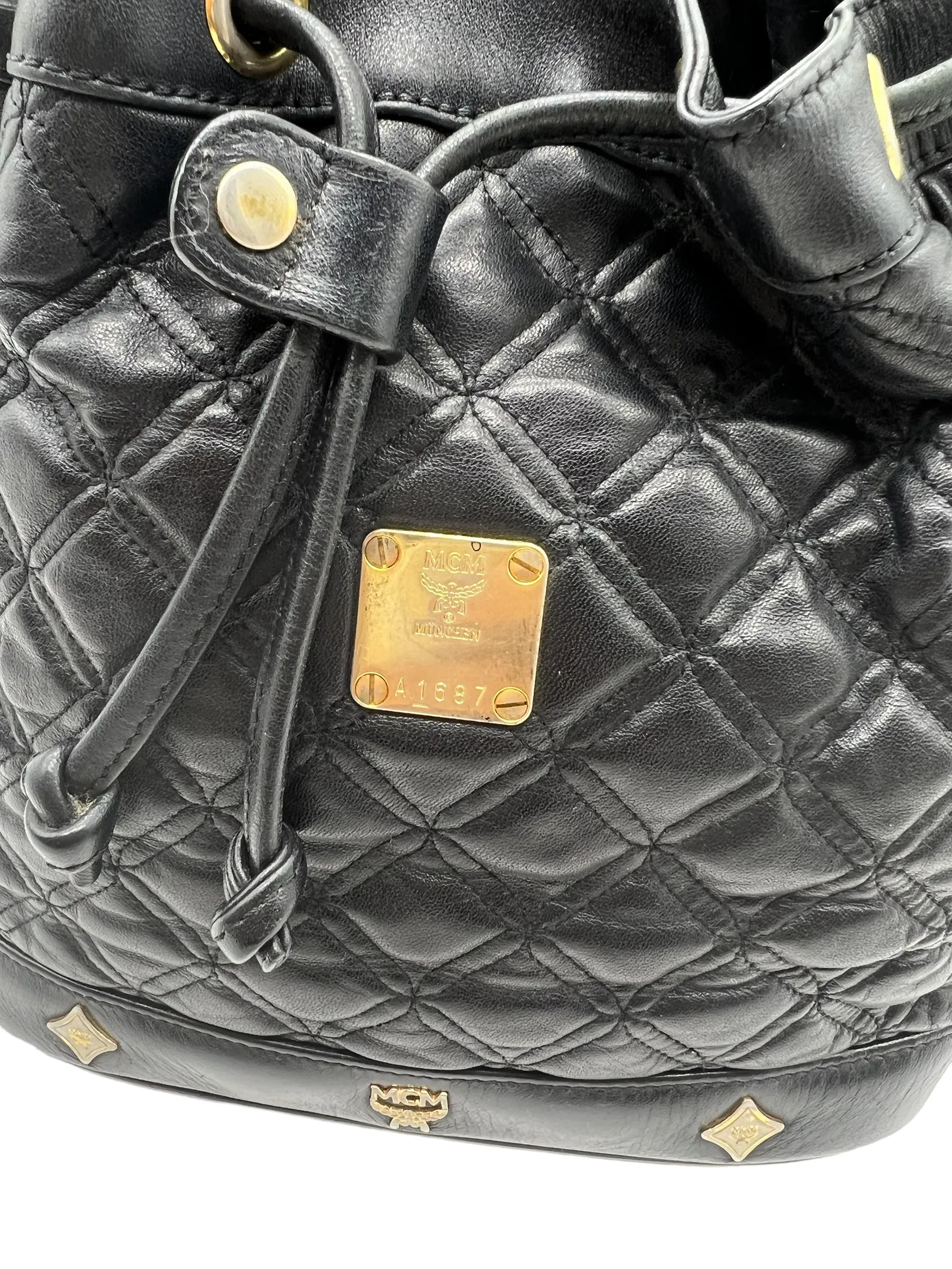 MCM Vintage Black Leather Quilted Drawstring Bucket Bag