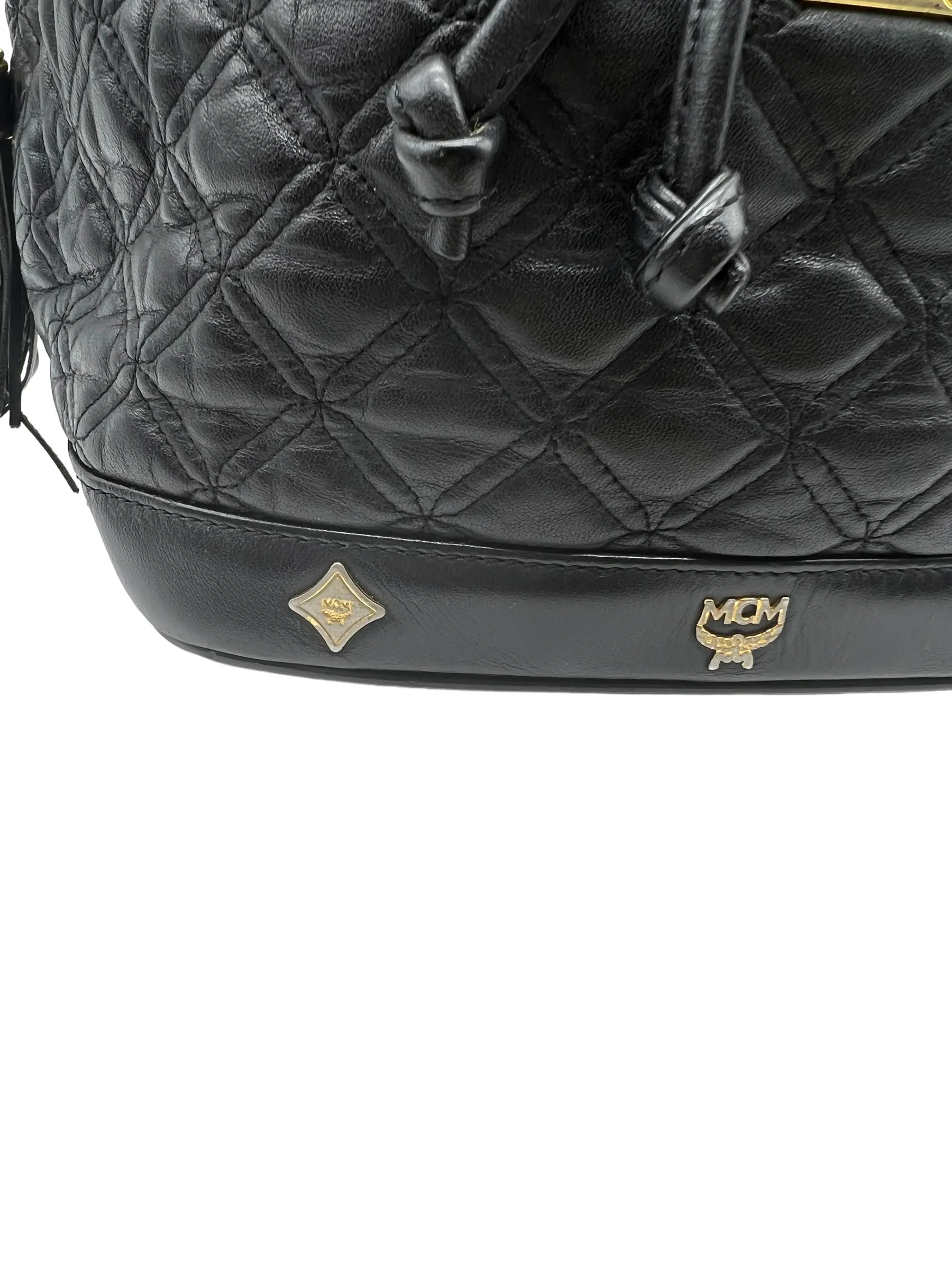 MCM Vintage Black Leather Quilted Drawstring Bucket Bag