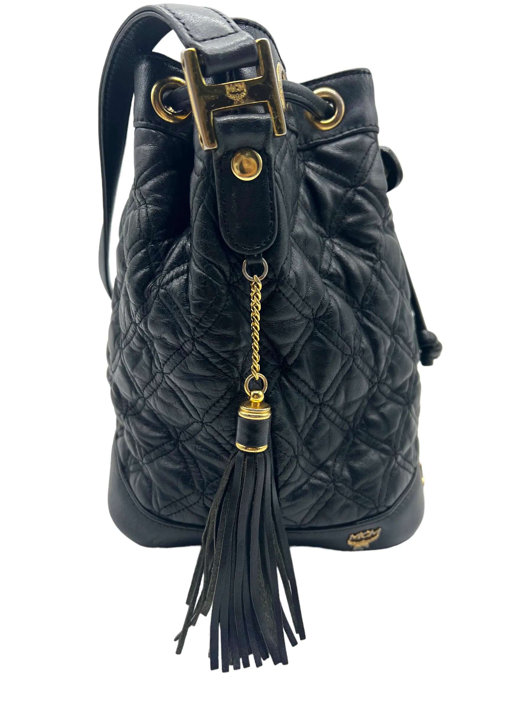 MCM Vintage Black Leather Quilted Drawstring Bucket Bag