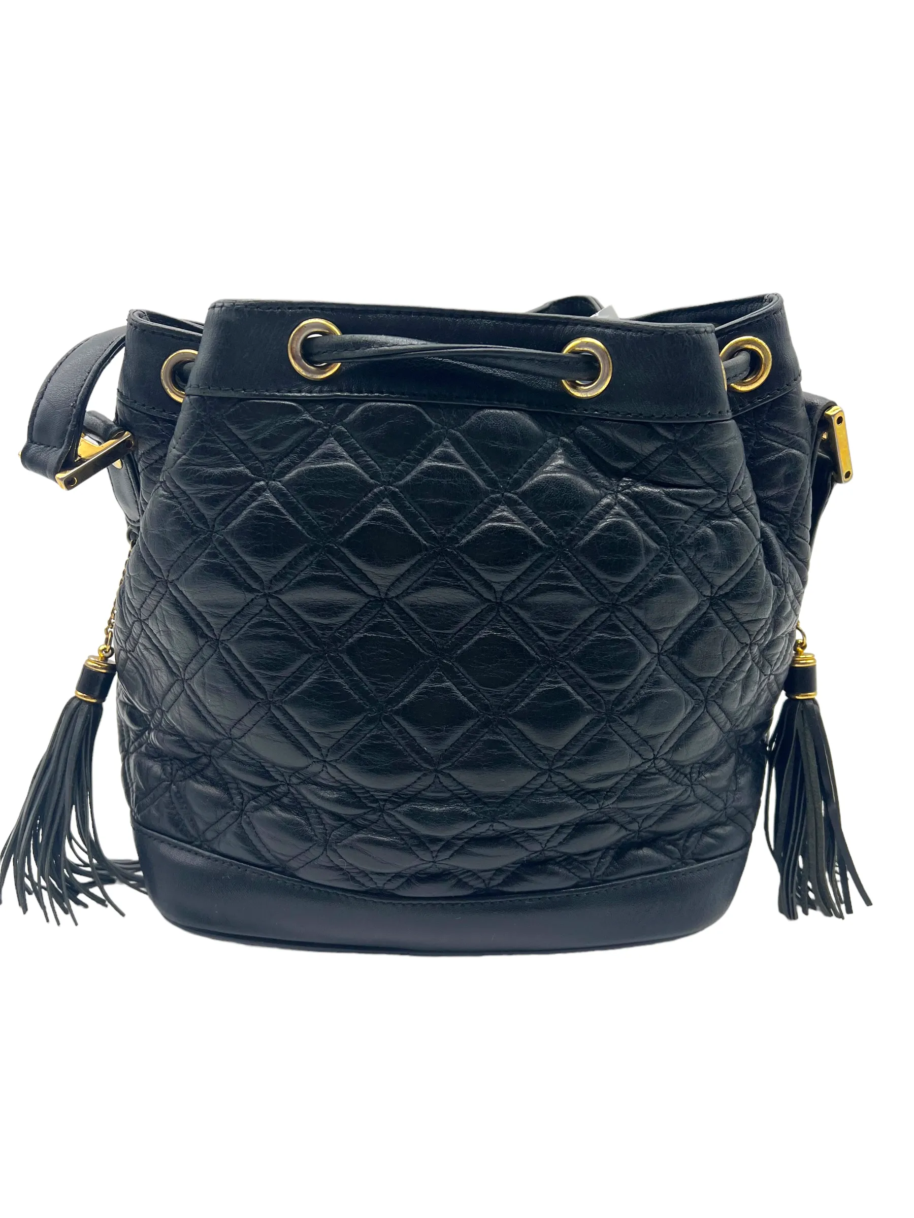 MCM Vintage Black Leather Quilted Drawstring Bucket Bag