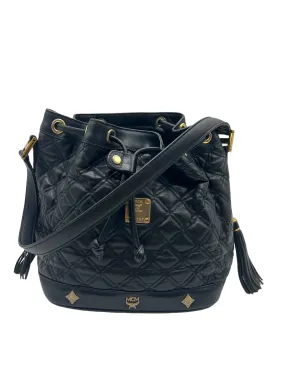 MCM Vintage Black Leather Quilted Drawstring Bucket Bag